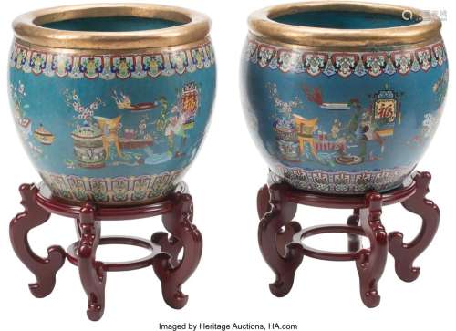 A Pair of Large Chinese Cloisonné Fishbowls on