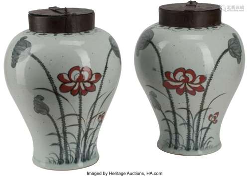 A Pair of Chinese Polychrome Porcelain Tea Jars