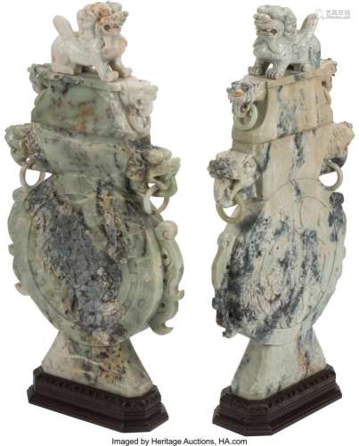 A Large Pair of Chinese Carved Hardstone Covered