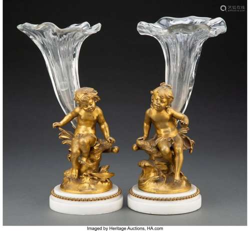 Pair of Gilt Bronze, Marble and Glass Figural Va