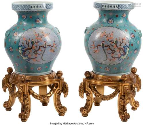 A Pair of Large Chinese Cloisonné-Over-Porcelai