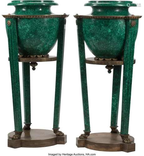 A Pair of Monumental Gilt Bronze and Malachite U