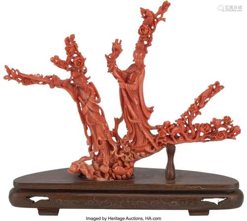 A Chinese Carved Coral Figural Group on Wood Stand