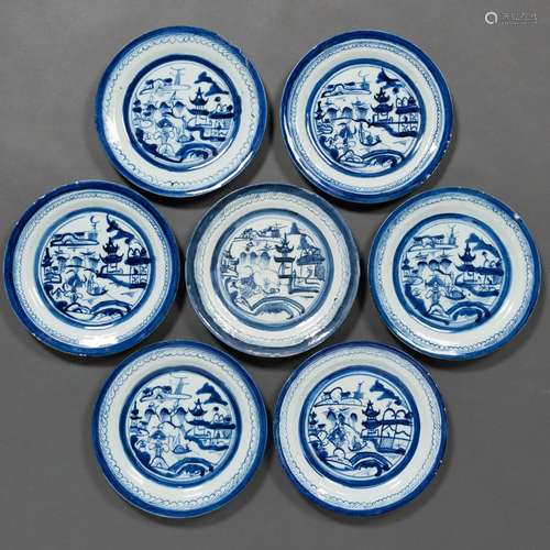 Conjunto de 7 platos en porcelana china azul y blanca, dinas...