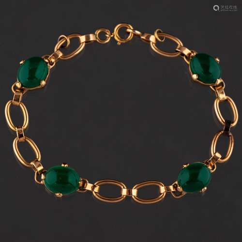 Bonita pulsera de eslabones y cristales verdes en oro amaril...