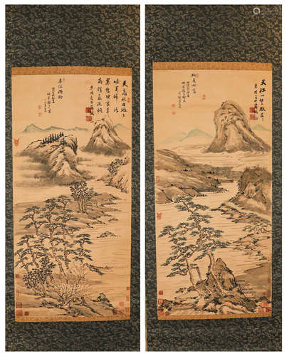 Su Dongpo, a pair of paper landscape vertical axes