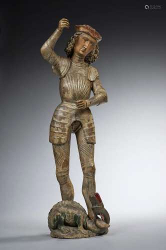 Saint Georges en tilleul sculpté, polychromé et argenté, dos...