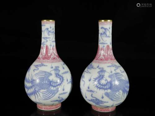 A Pair of Enamelled Yangcai 'Phoenix' Vases