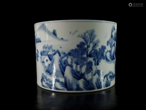 A Blue and White 'Landscape and Figure' Brushpot