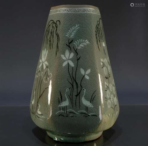 A Korean Celadon-Glazed Floral Hexagonal-Shape Vase