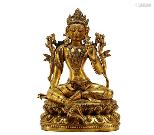 A fabulous Tibetan gilt bronze Green Tara statue