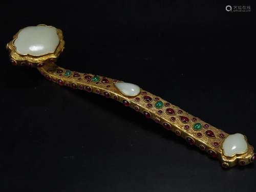 A Gilt-Bronze Hetian White Jade& Gem-Inlaid Ruyi Scepter