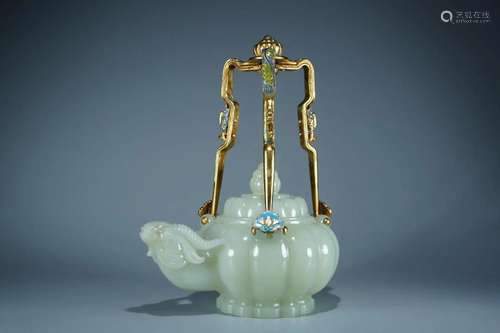 A Hetian Jade Ram-Spouted Teapot With Overhead Handle