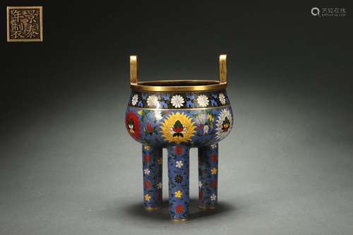 Cloisonne Enameled DING-shaped Censer with Tri-legged Design...