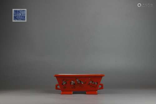 Coral Red Glazed Plant Pot with Crane Design, Qianlong Reign...