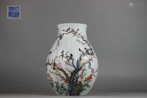 Famille Rose Melon Ridge-shaped Vase with Magpie on the Plum...