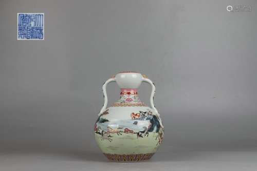 Famille Rose Vase with Horse Grazing Design, Qianlong Reign ...