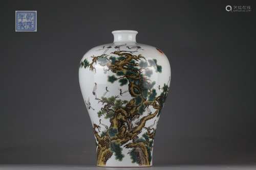 Famille Rose Plum Vase with Pine Tree and Crane Design, Qian...