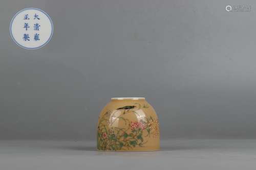 Yellowish Pea Green Glazed Water Pot with Flower, Bird and P...