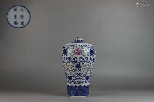 Blue-and-white Plum Vase with Famille Rose Auspicious Patter...