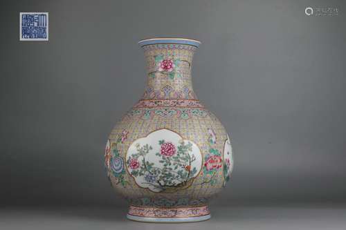 Famille Rose Vase with Floral Design on A Decorated Window, ...