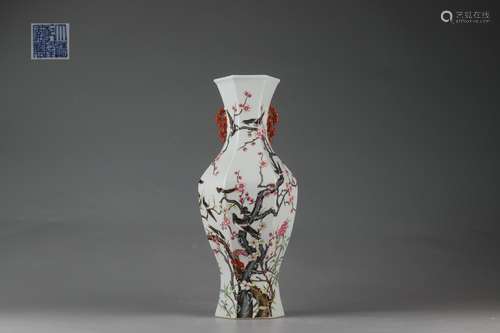 Famille Rose Hexagonal Vase with Magpie on the Plum Branch D...