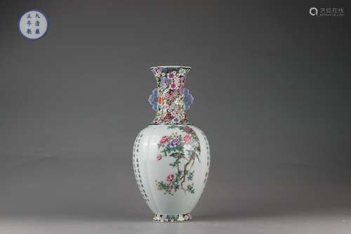 Famille Rose Vase with Flower, Poem Design and Two Handles, ...