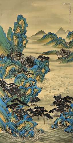 Green Landscape, Silk Hanging Scroll, Ren Zhong
