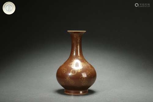 Monochrome Glazed Vase with Gold Outlining and Round Flowers...