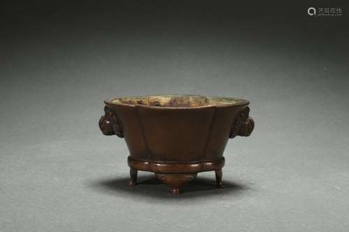 Bronze Begonia-shaped Censer with Sky Chicken-shaped Handles...