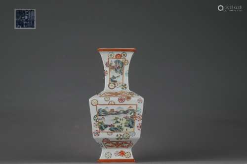 Famille Rose Square ZUN-vase with Gold Outlining and Landsca...