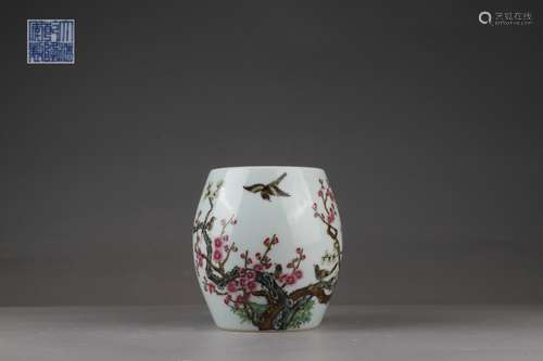 Famille Rose Flower Vase with Magpie on the Plum Branch Desi...