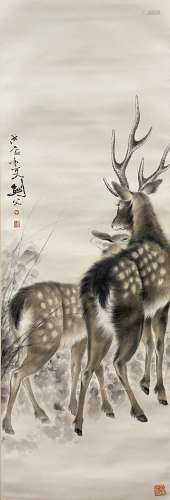 Double Deers, Hanging Scroll, Gao Jianfu