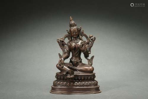 Bronze Statue of Green Tara with Turquoise Inlaid