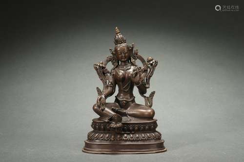 Bronze Statue of Green Tara with Turquoise Inlaid