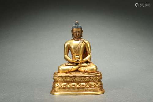 Gilt Bronze Statue of Medicine Buddha with Dzi Bead Inlaid