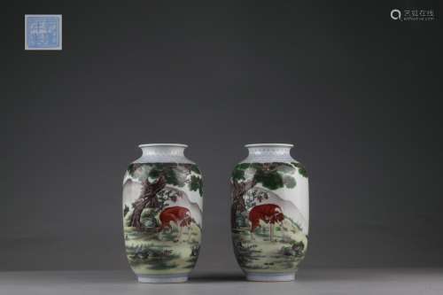 A Pair Color Enameled Vases with Poem Design, Qianlong Reign...