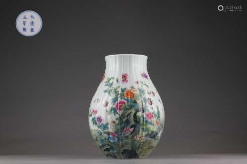 Famille Rose Melon Ridge-shaped Vase with Flower and Poem De...