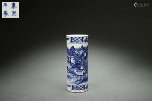 Blue-and-white Brush Holder with Landscape Pattern, Kangxi R...