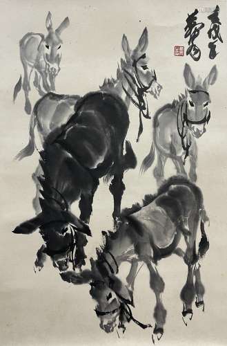 Five Donkeys, Hanging Scroll, Huang Zhou