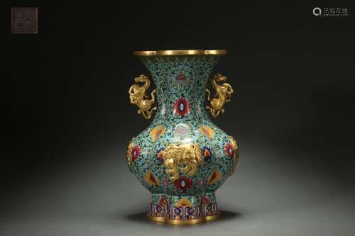 Cloisonne Gilt Vase with Animal-shaped Handles, Qianlong Rei...