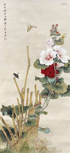 Flowers and Butterflies, Hanging Scroll, Liu Kuiling