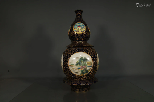 A Famille-Rose Sacrificial Blue-Glazed Gilded Gourd-Shaped H...