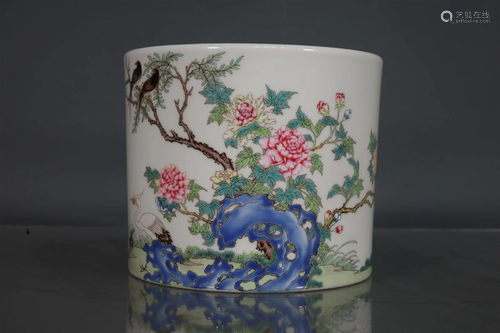 A Lovely Famille-Rose Flower& Bird Brush Pot