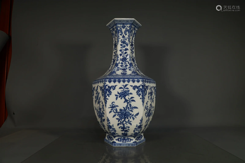 A Blue And White Hexagonal Vase