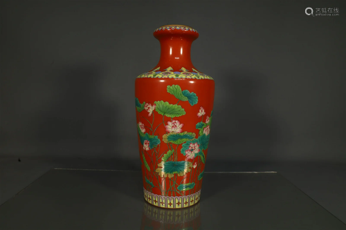 A Wonderful Red-Ground Famille-Rose Lotus Vase