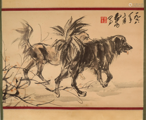 A Wonderful Two Dogs Scroll Painting By Huang Zhou Made