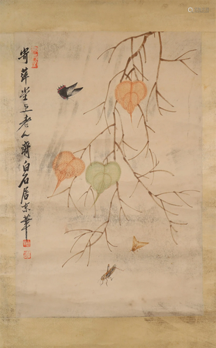 A Delicate Insect& Plant Scroll Painting By Qi Baishi Ma...