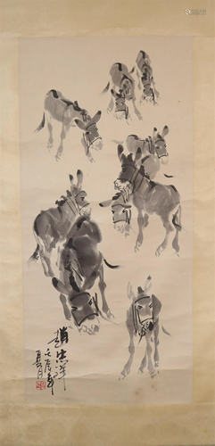 A Wonderful Group of Donkeys Scroll Painting By Zhao Zhongxi...