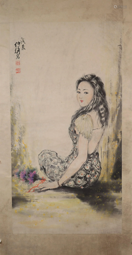 A Wonderful Figure Scroll Painting By Bai Bohua Made